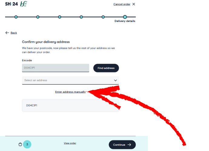 Screenshot of SH24 website with arrow pointing to section labeled enter address manually